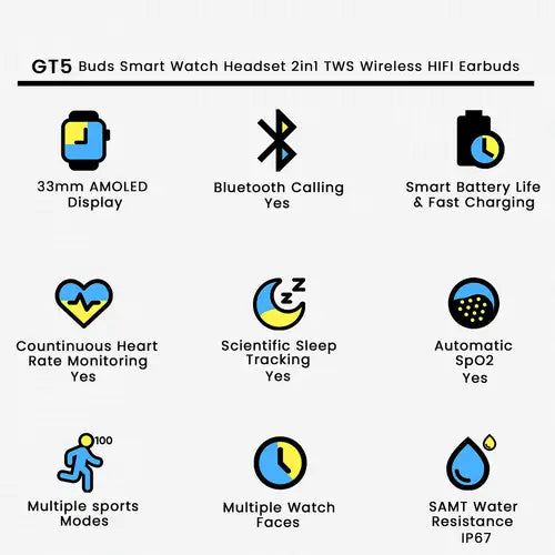GT5 Buds Smart Watch Headset 2in1 TWS Wireless HIFI Earbuds